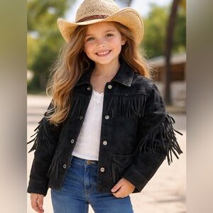 Vintage Lariat Girls Black Suede Leather Fringe Western Jacket Made in USA Sz S